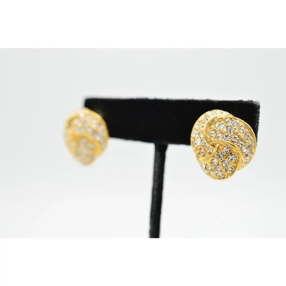 1980s Roman Vintage Earrings Sparkling Pave Rhinestone Crystal Gold Signed Bin1